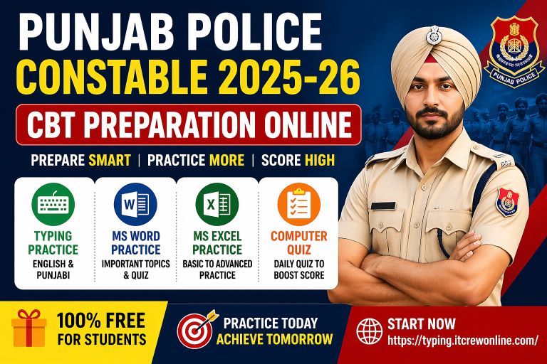 CBT Preparation Online for Punjab Police Constable 2025-26 | Free Typing and Computer Quiz